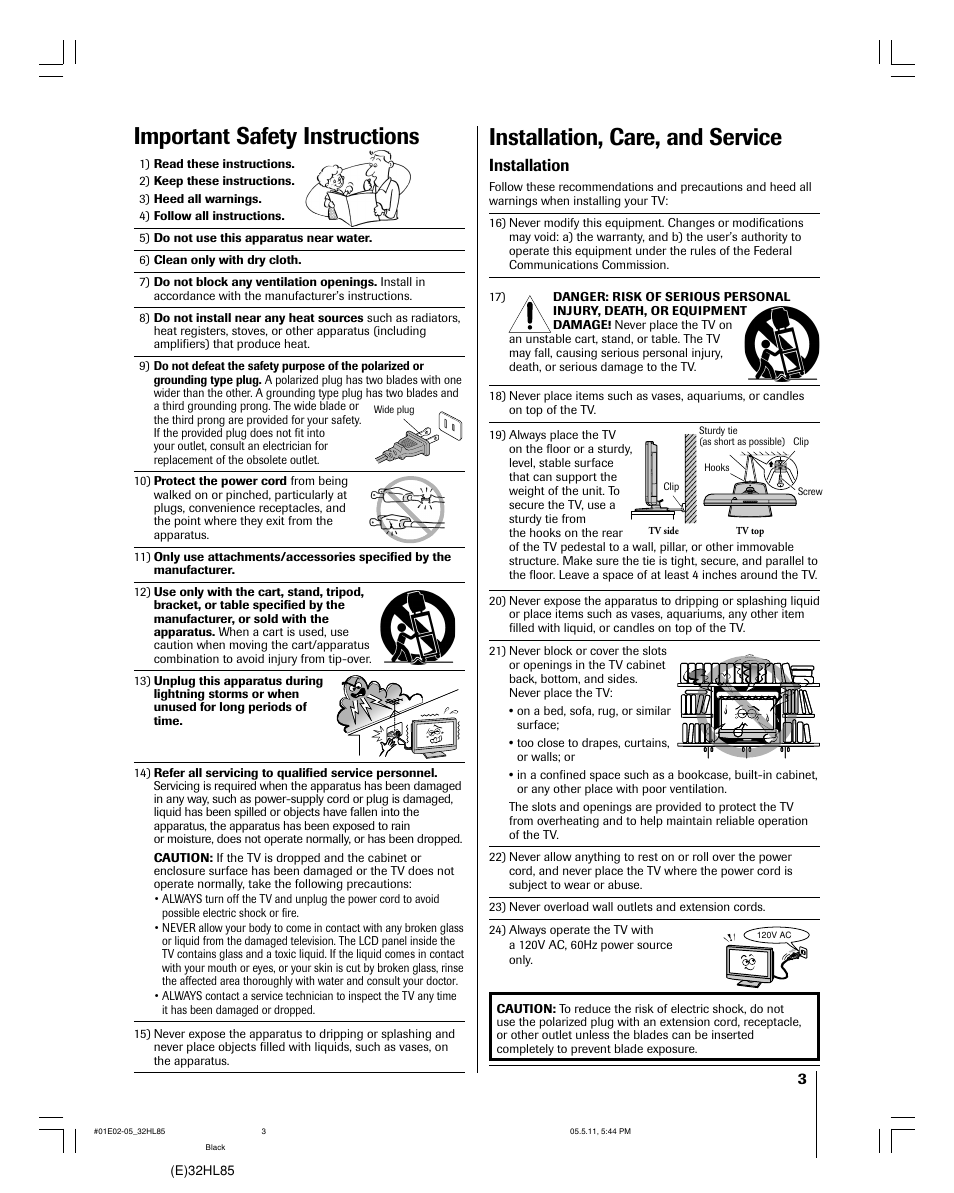 Important safety instructions, Installation, care, and service, Installation | Toshiba 32HL85 User Manual | Page 3 / 58