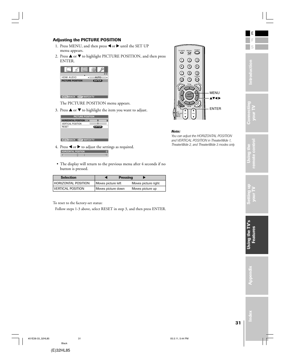 Adjusting the picture position, E)32hl85 | Toshiba 32HL85 User Manual | Page 31 / 58