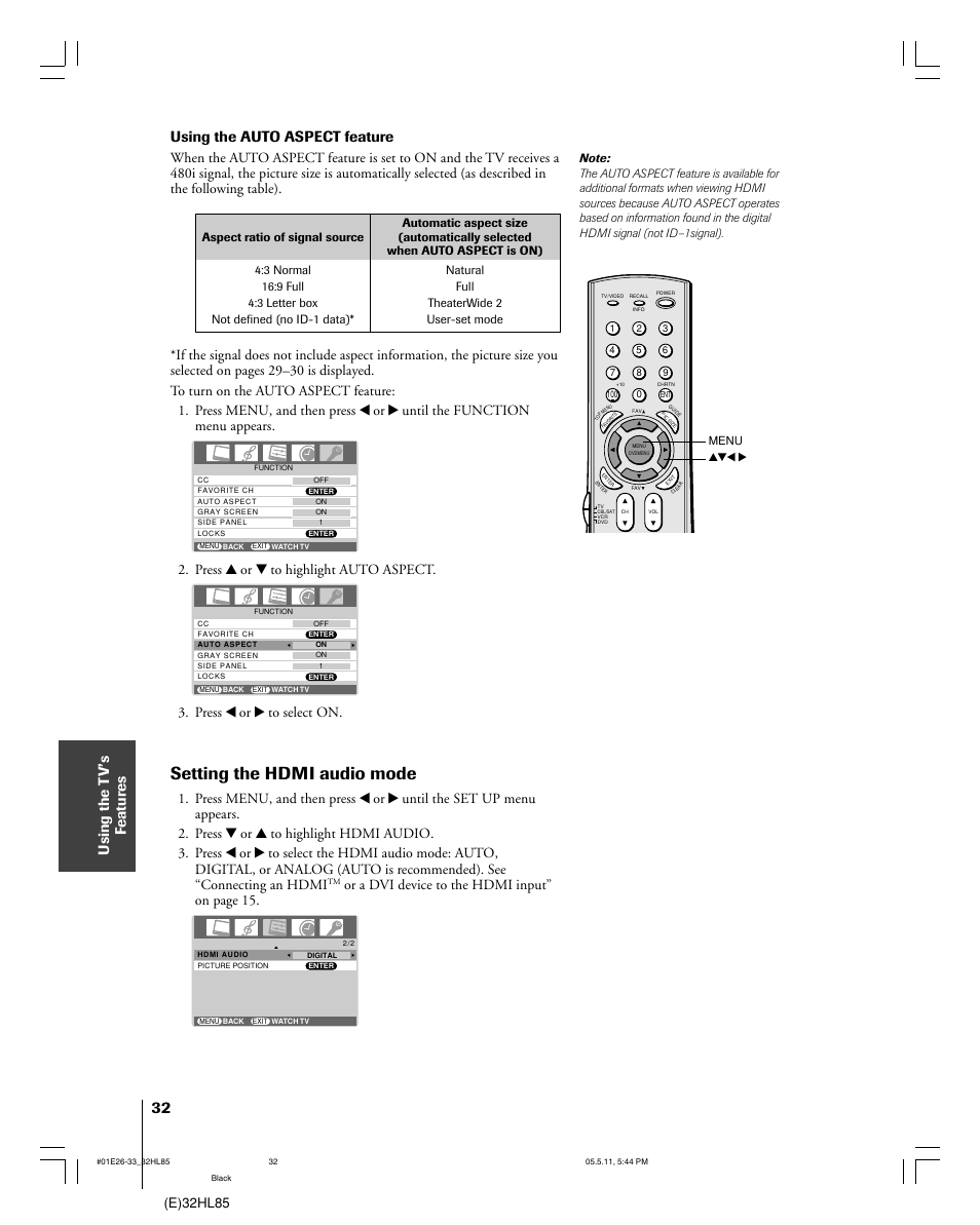 Setting the hdmi audio mode, Using the t v’s f eatur es, Using the auto aspect feature | E)32hl85, Press y or z to highlight auto aspect, Press x or • to select on, Or a dvi device to the hdmi input” on page 15 | Toshiba 32HL85 User Manual | Page 32 / 58