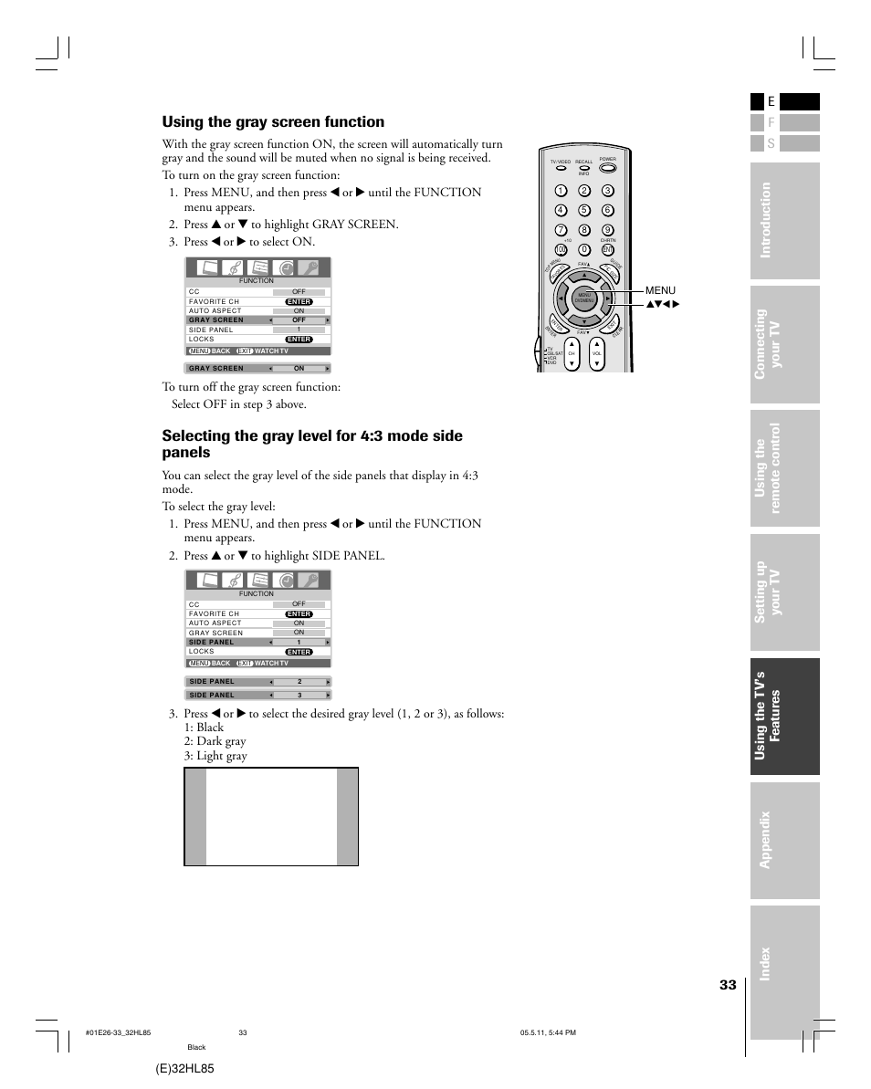 Using the gray screen function, Selecting the gray level for 4:3 mode side panels, E)32hl85 | Toshiba 32HL85 User Manual | Page 33 / 58