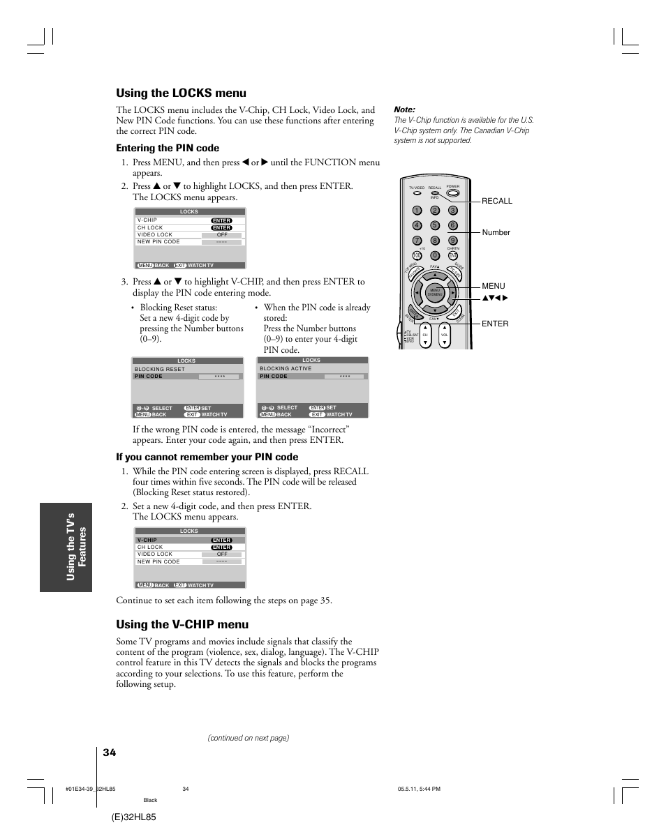 Using the locks menu, Using the v-chip menu, Using the t v’s f eatur es | Entering the pin code, If you cannot remember your pin code, E)32hl85 | Toshiba 32HL85 User Manual | Page 34 / 58