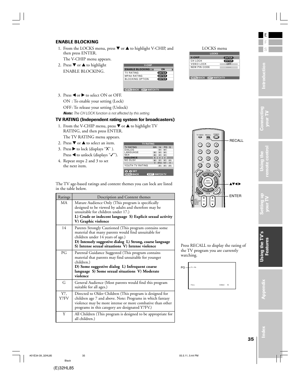Enable blocking, E)32hl85, Locks menu | Toshiba 32HL85 User Manual | Page 35 / 58