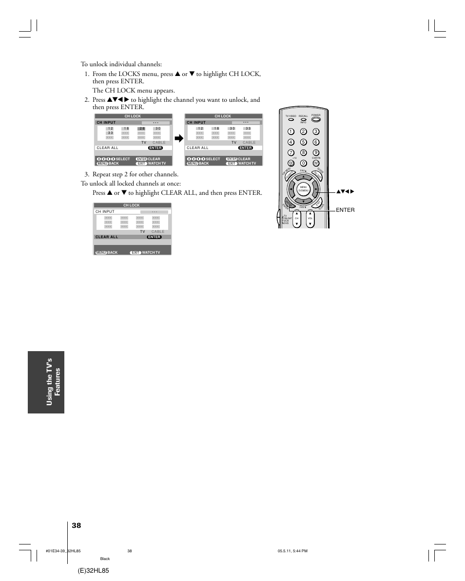 Using the t v’s f eatur es, E)32hl85, Enter yzx | Toshiba 32HL85 User Manual | Page 38 / 58