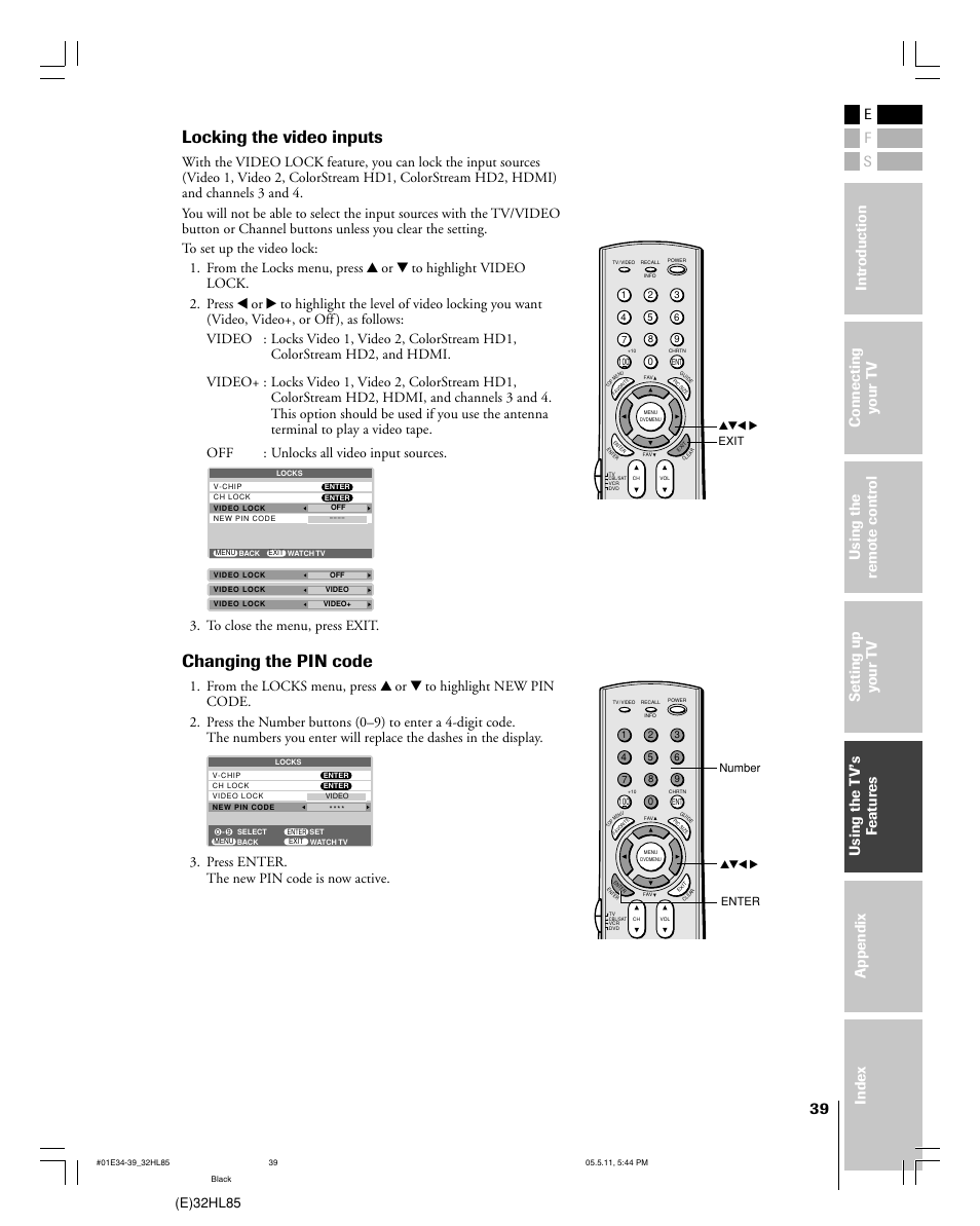 Locking the video inputs, Changing the pin code, E)32hl85 | Toshiba 32HL85 User Manual | Page 39 / 58