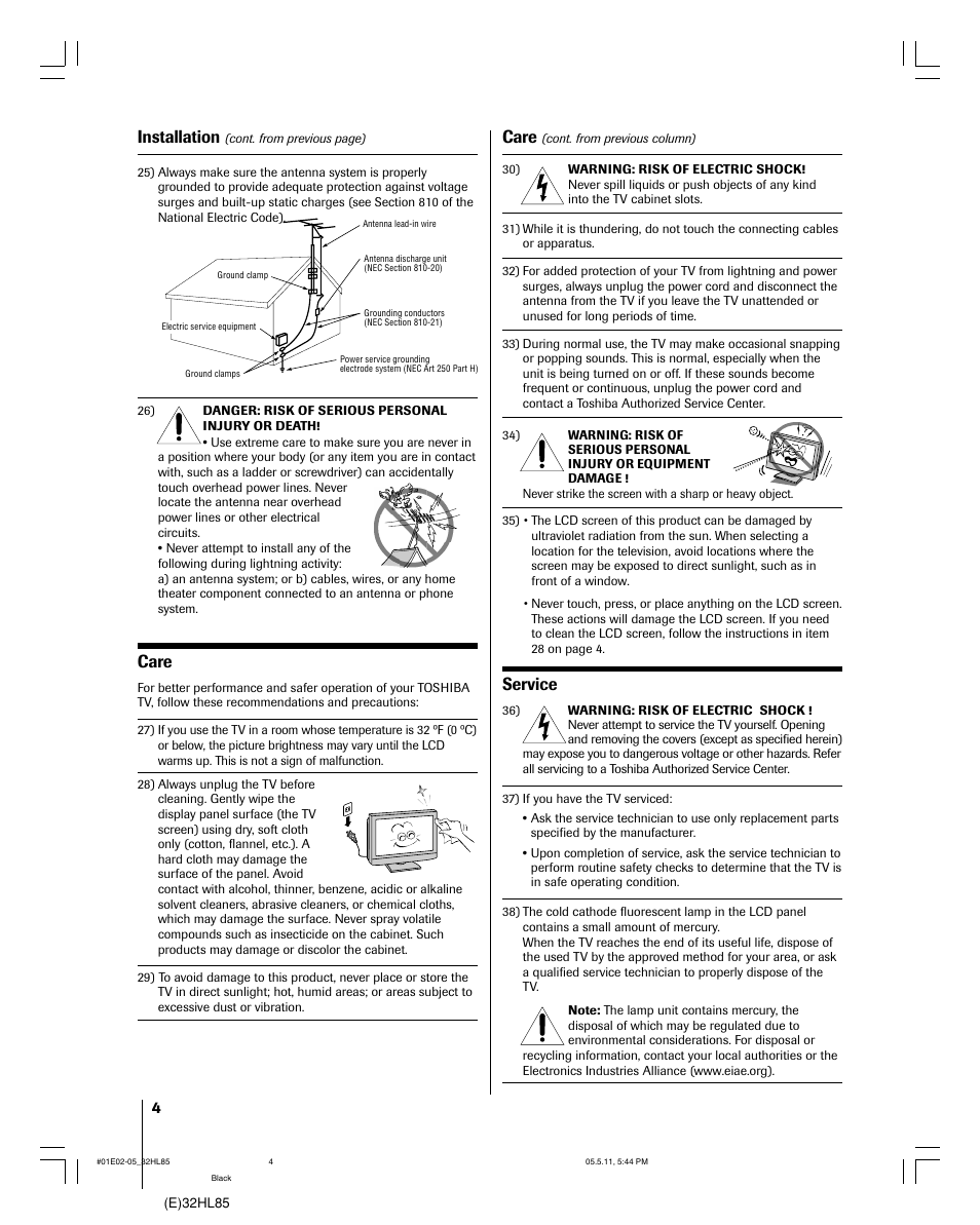 Care, Service, Installation | Toshiba 32HL85 User Manual | Page 4 / 58