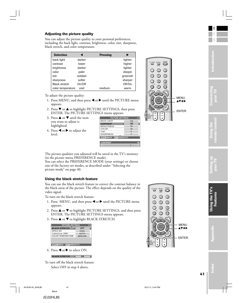 Adjusting the picture quality, E)32hl85 | Toshiba 32HL85 User Manual | Page 41 / 58