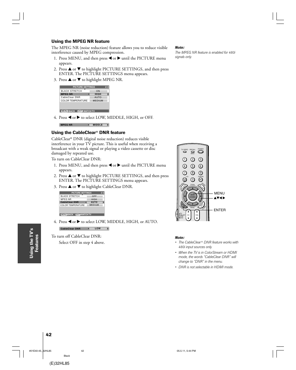 Using the cableclear, Dnr feature, E)32hl85 | Cableclear | Toshiba 32HL85 User Manual | Page 42 / 58