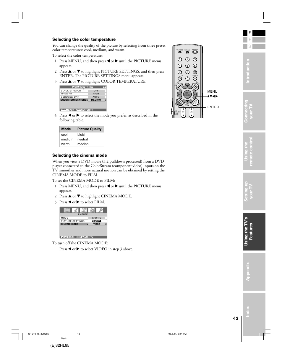 Selecting the cinema mode, E)32hl85 | Toshiba 32HL85 User Manual | Page 43 / 58