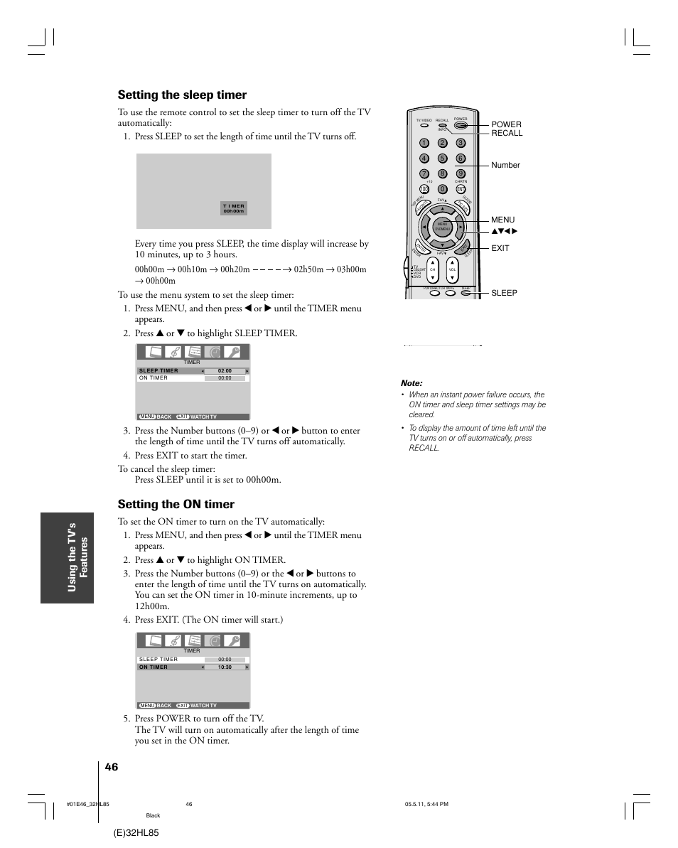 Setting the sleep timer, Setting the on timer, Using the t v’s f eatur es | E)32hl85 | Toshiba 32HL85 User Manual | Page 46 / 58