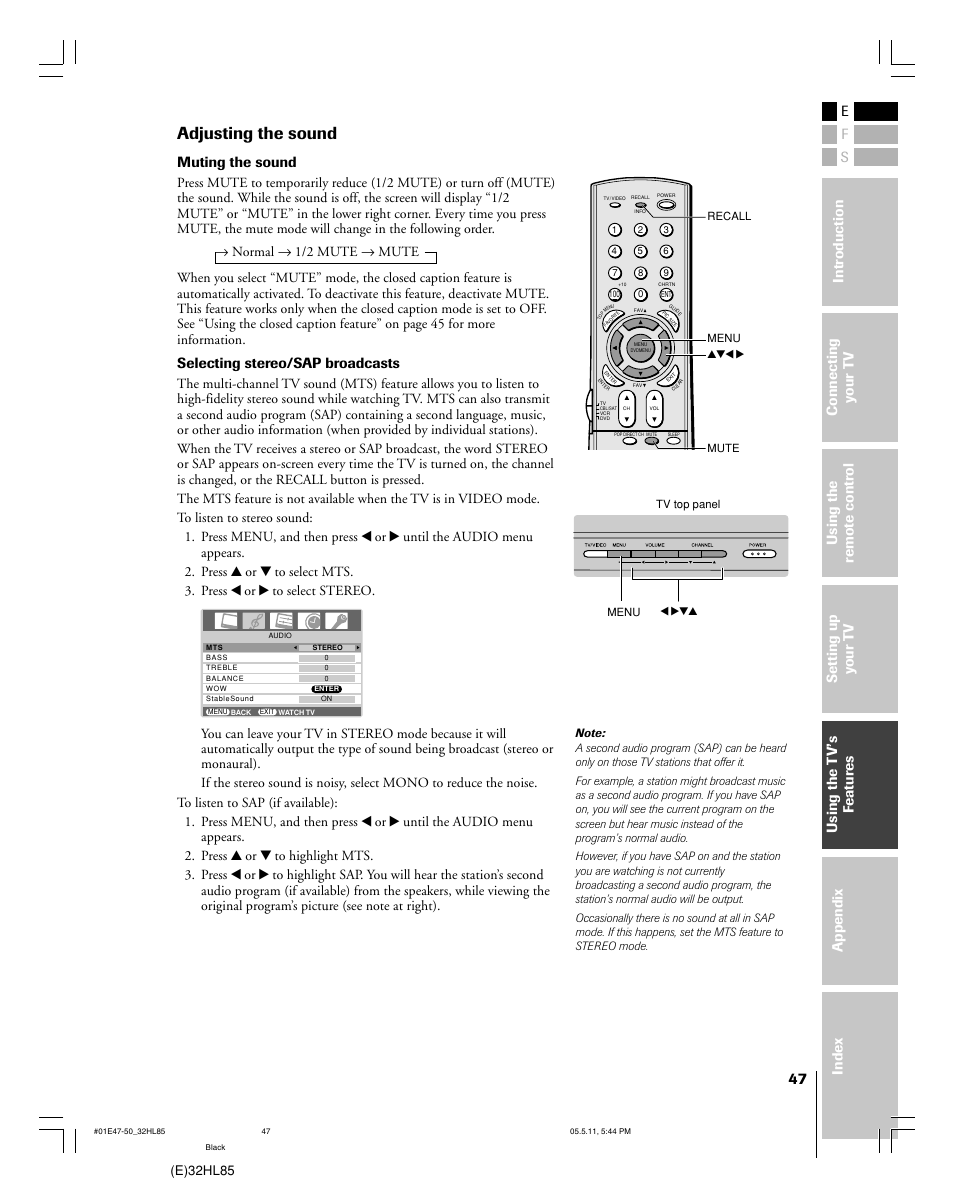 Adjusting the sound, Muting the sound, Selecting stereo/sap broadcasts | E)32hl85 | Toshiba 32HL85 User Manual | Page 47 / 58