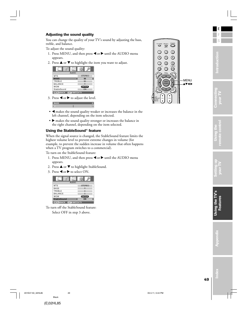 Adjusting the sound quality, Using the stablesound, Feature | E)32hl85, Press x or • to adjust the level | Toshiba 32HL85 User Manual | Page 49 / 58