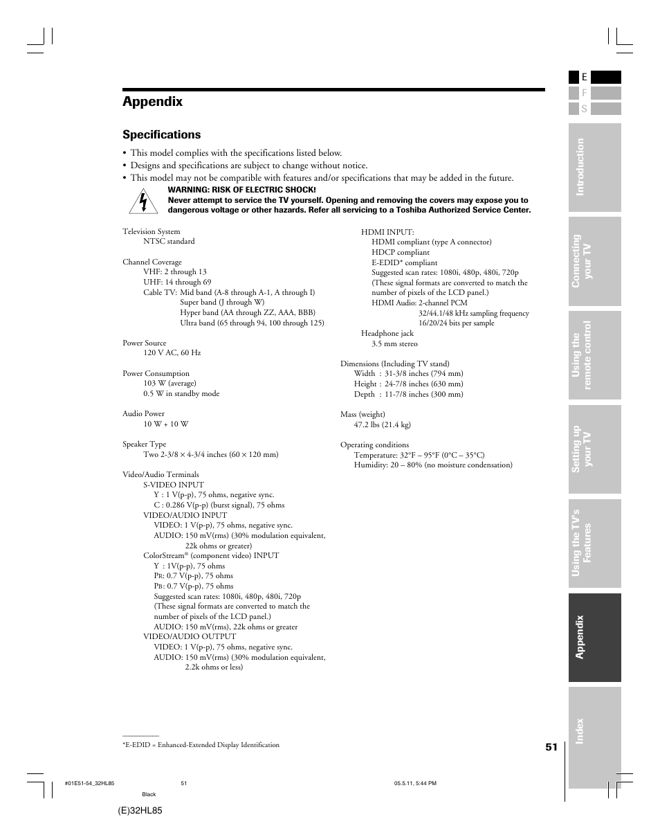 Appendix, Specifications | Toshiba 32HL85 User Manual | Page 51 / 58