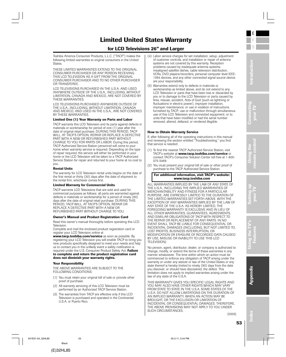 Limited united states warranty | Toshiba 32HL85 User Manual | Page 53 / 58