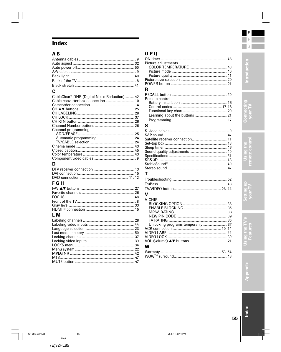 Index | Toshiba 32HL85 User Manual | Page 55 / 58