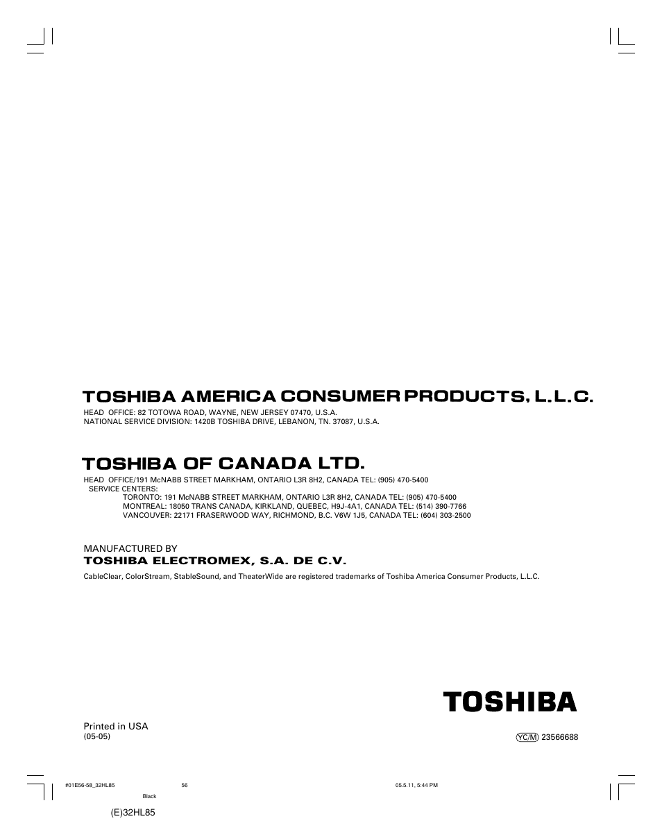 Toshiba electromex, s.a. de c.v | Toshiba 32HL85 User Manual | Page 56 / 58