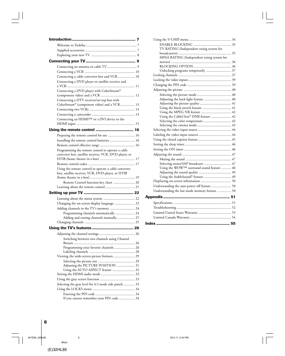 Toshiba 32HL85 User Manual | Page 6 / 58