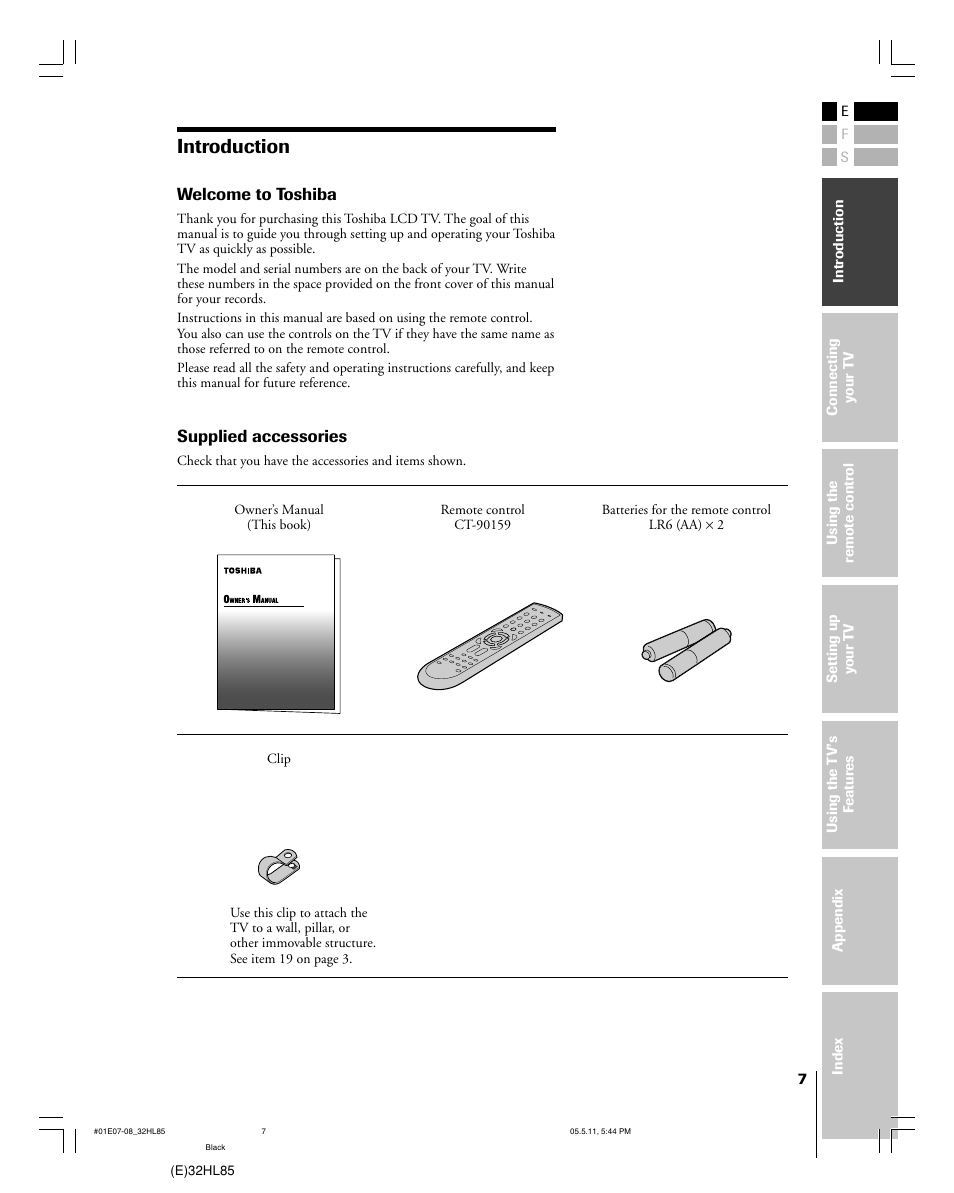 Introduction, Welcome to toshiba, Supplied accessories | Toshiba 32HL85 User Manual | Page 7 / 58