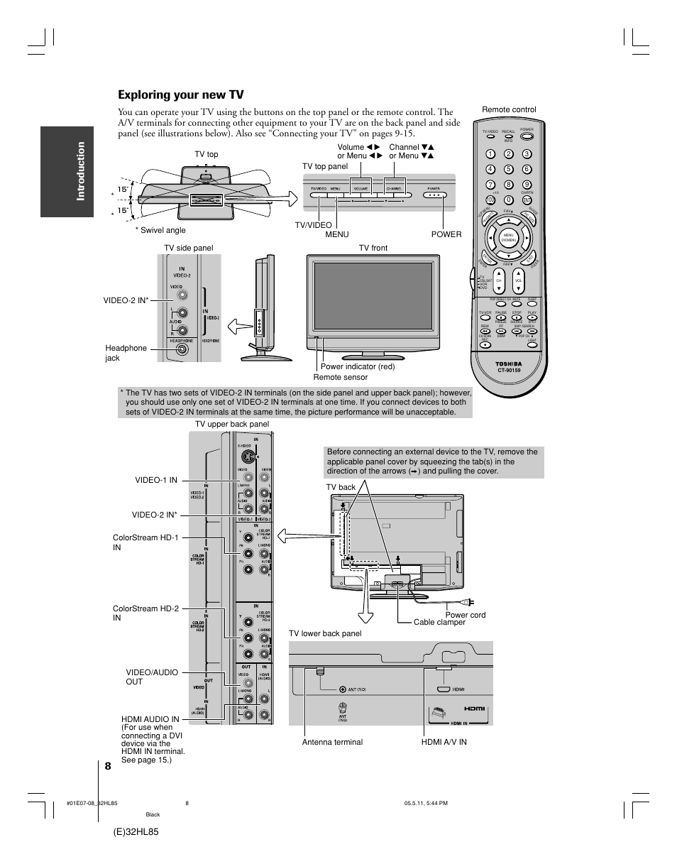 Exploring your new tv, Intr oduction, E)32hl85 | Toshiba 32HL85 User Manual | Page 8 / 58