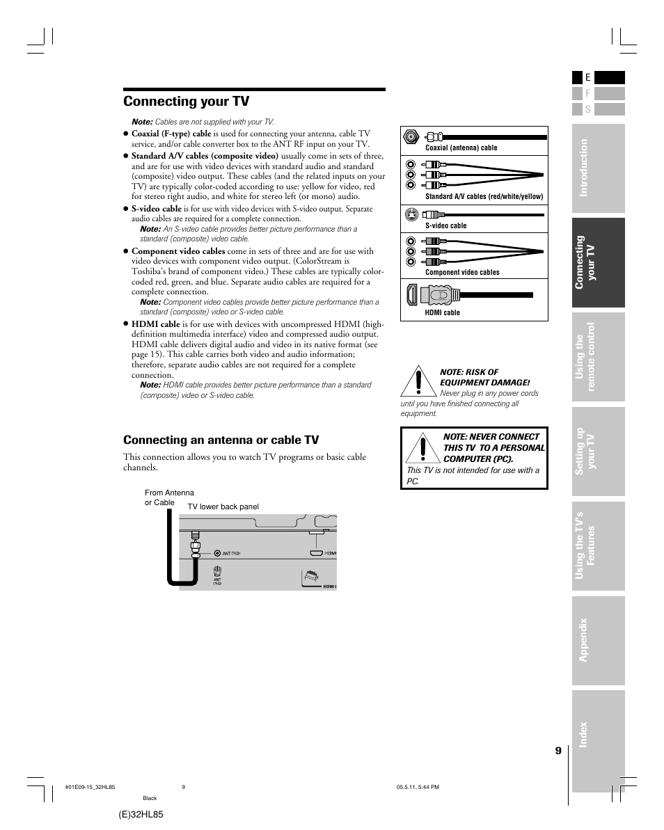 Connecting your tv, Connecting an antenna or cable tv | Toshiba 32HL85 User Manual | Page 9 / 58