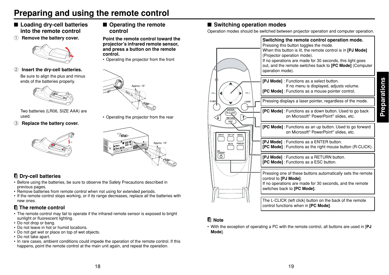 Preparing and using the remote control, P.18, P.19 | Preparations | Toshiba TDP-T45 User Manual | Page 10 / 23