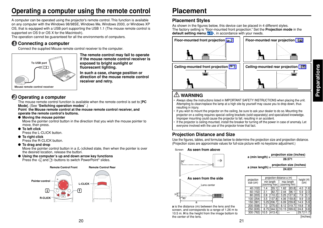 Operating a computer using the remote control, Placement, P.20 | Preparations, Projection distance and size, Placement styles, Warning, Connecting a computer, Operating a computer | Toshiba TDP-T45 User Manual | Page 11 / 23