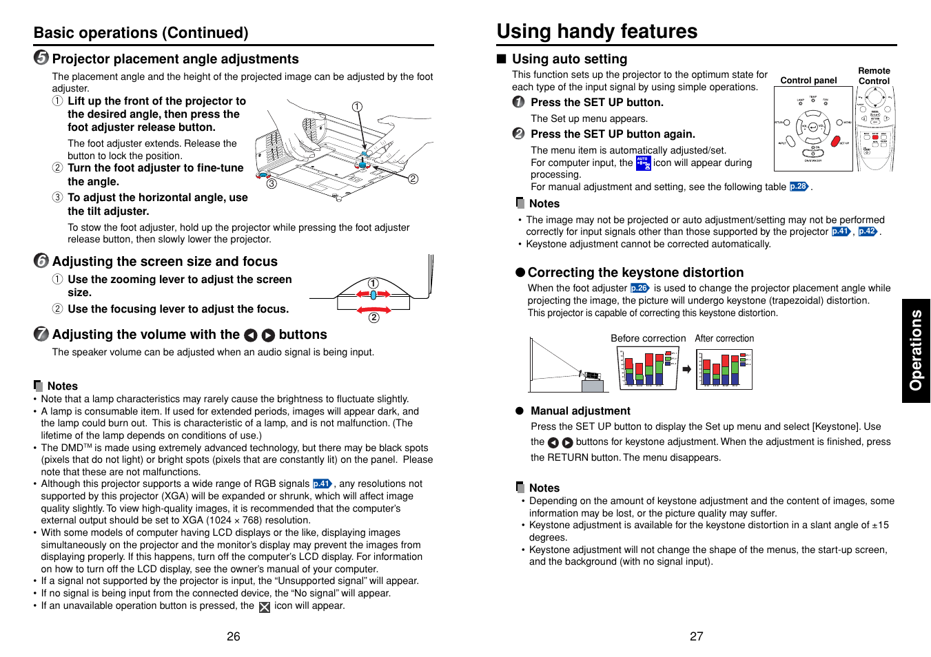 Using handy features, Using auto setting, P.26 | P.27, Operations, Basic operations (continued) | Toshiba TDP-T45 User Manual | Page 14 / 23