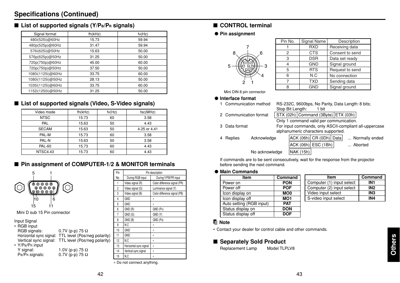 List of supported signals (y/pb/pr signals), List of supported signals (video, s-video signals), Pin assignment of computer-1/2 & monitor terminals | Control terminal, Separately sold product, P.43, P.42, Others, Specifications (continued), List of supported signals (y/p | Toshiba TDP-T45 User Manual | Page 22 / 23