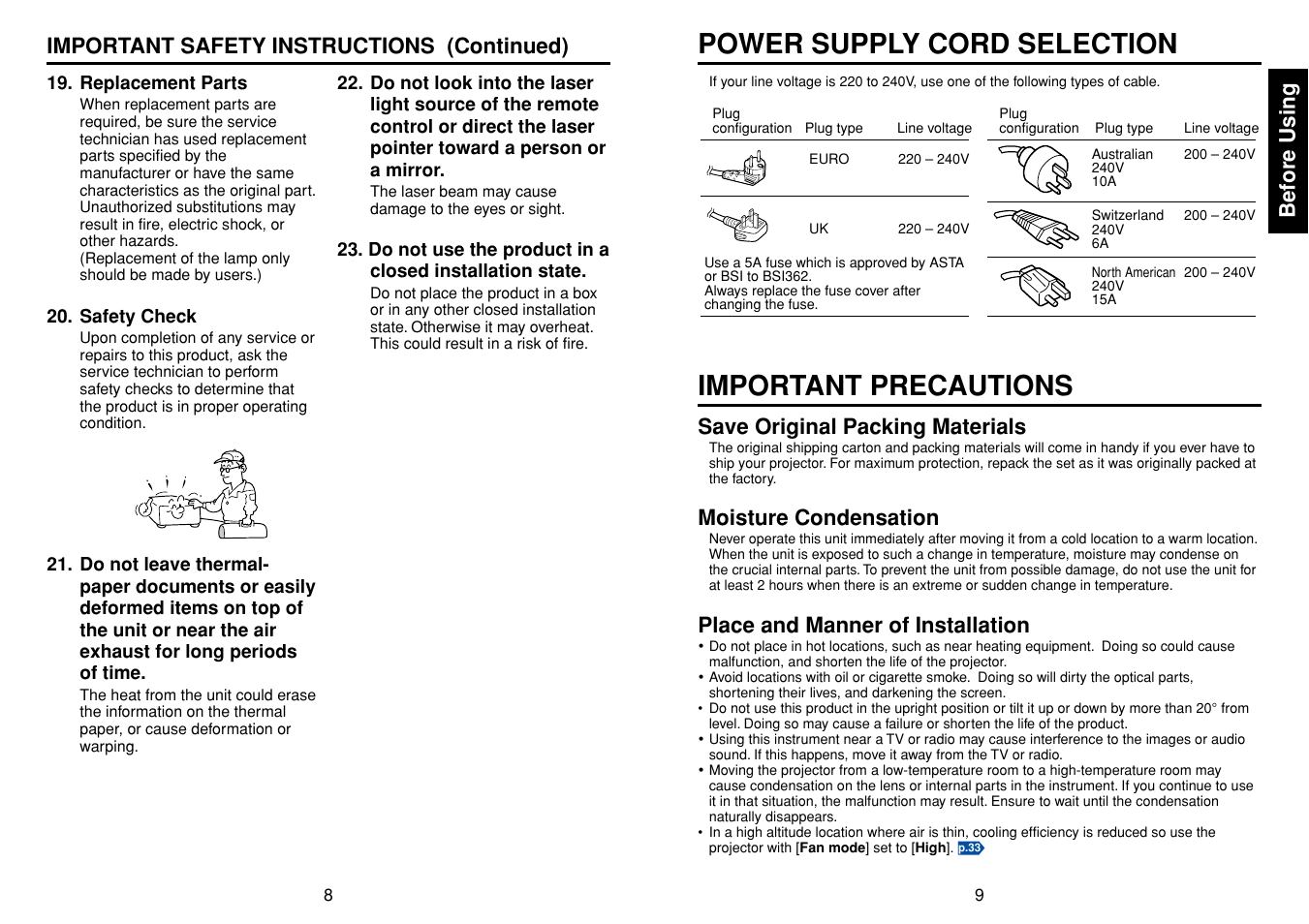 Power supply cord selection, Important precautions, Before using | Save original packing materials, Moisture condensation, Place and manner of installation, Important safety instructions (continued) | Toshiba TDP-T45 User Manual | Page 5 / 23