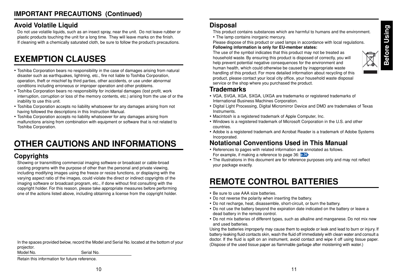 Exemption clauses, Other cautions and informations, Remote control batteries | Before using, Disposal, Trademarks, Notational conventions used in this manual, Copyrights | Toshiba TDP-T45 User Manual | Page 6 / 23