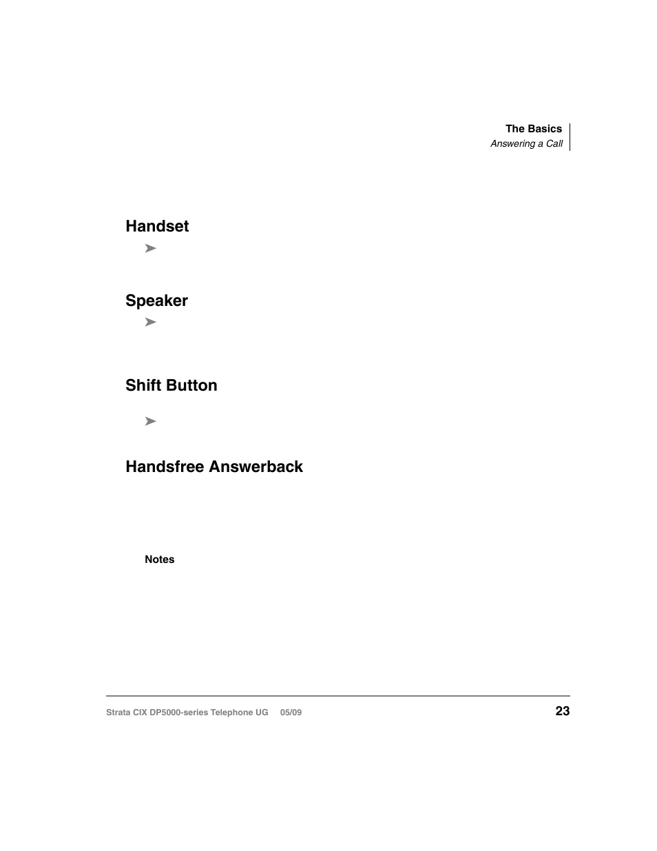 Answering a call, Handset, Speaker | Shift button, Handsfree answerback, Handset speaker shift button handsfree answerback | Toshiba STRATA DP5000 User Manual | Page 39 / 142