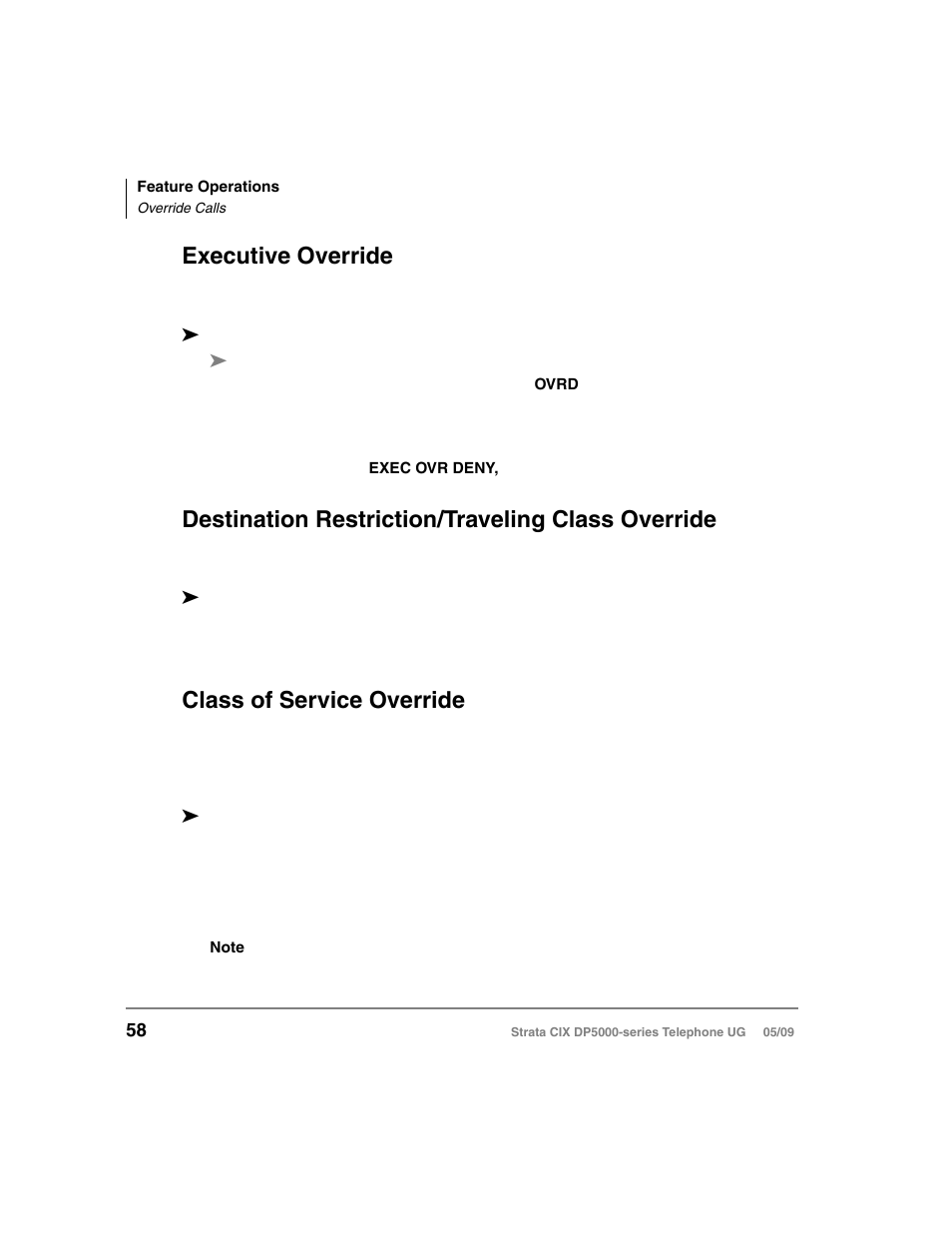 Executive override, Destination restriction/traveling class override, Class of service override | Toshiba STRATA DP5000 User Manual | Page 74 / 142