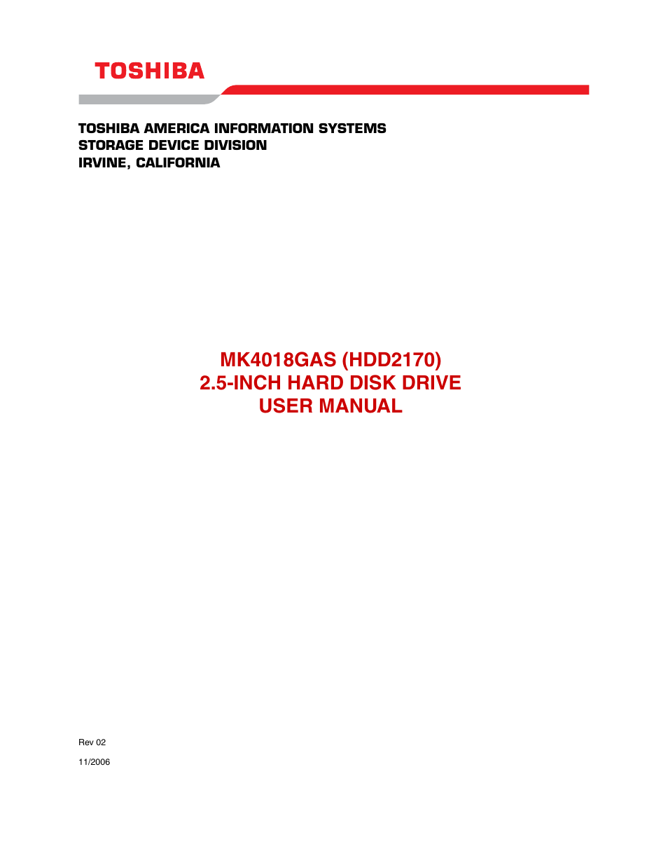 Toshiba MK4018GAS (HDD2170) User Manual | 11 pages