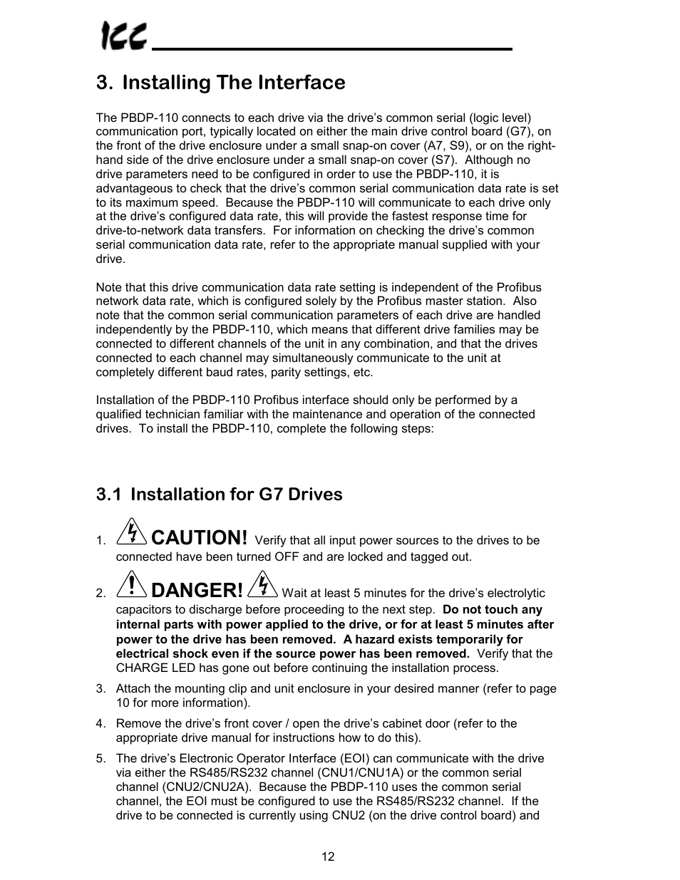 Installing the interface, Caution, Danger | 1 installation for g7 drives | Toshiba PROFIBUS-DP PBDP-110 User Manual | Page 13 / 38