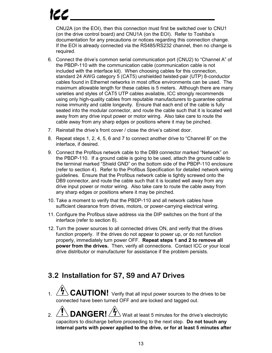 Caution, Danger, 2 installation for s7, s9 and a7 drives | Toshiba PROFIBUS-DP PBDP-110 User Manual | Page 14 / 38