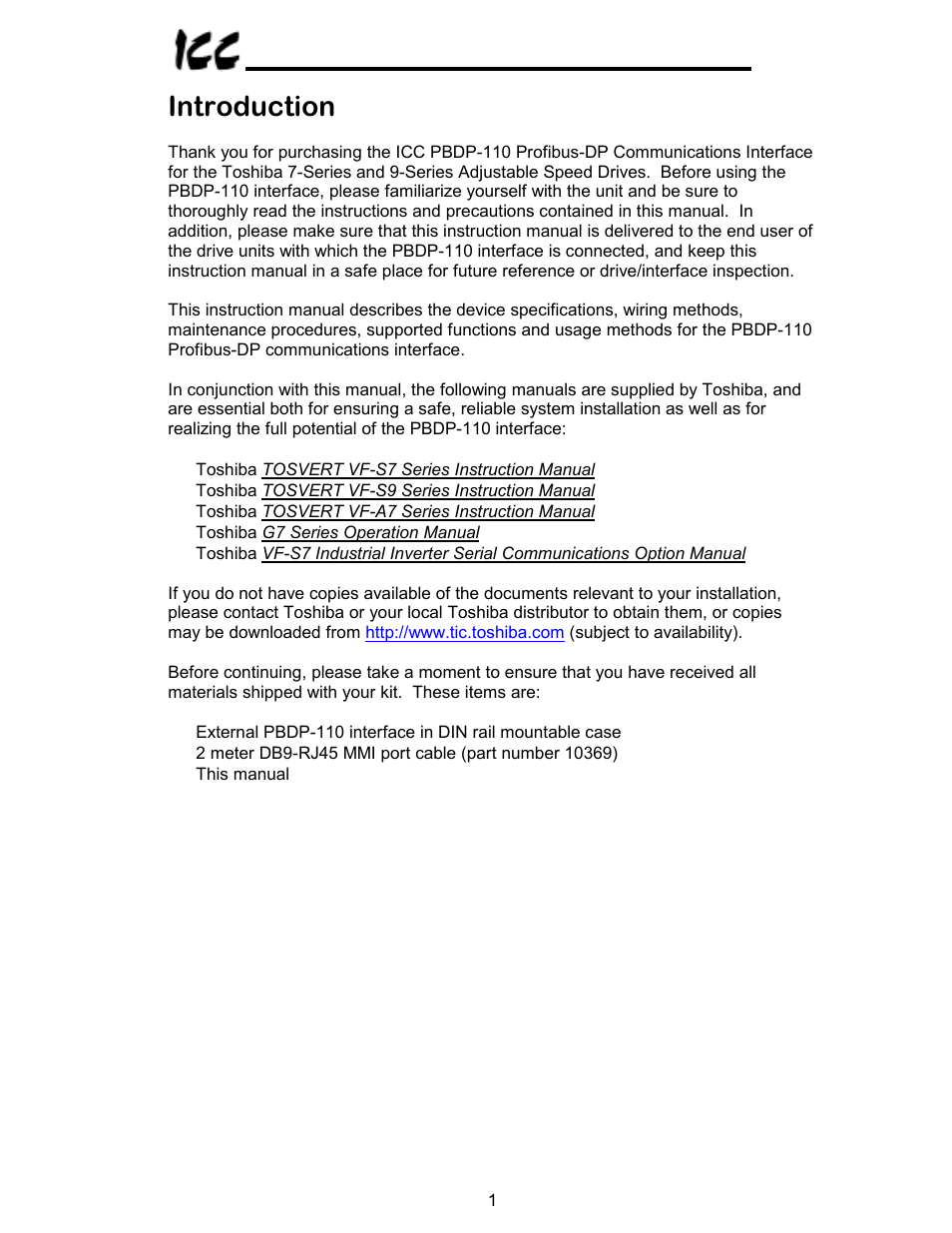 Introduction | Toshiba PROFIBUS-DP PBDP-110 User Manual | Page 2 / 38
