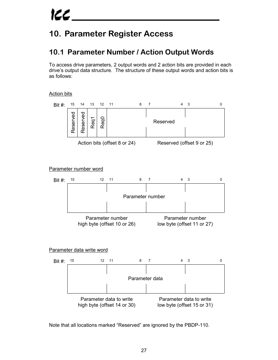 Parameter register access, 1 parameter number / action output words | Toshiba PROFIBUS-DP PBDP-110 User Manual | Page 28 / 38