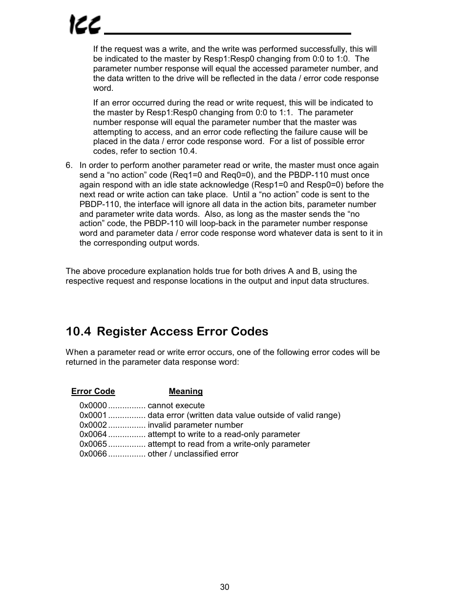 4 register access error codes | Toshiba PROFIBUS-DP PBDP-110 User Manual | Page 31 / 38