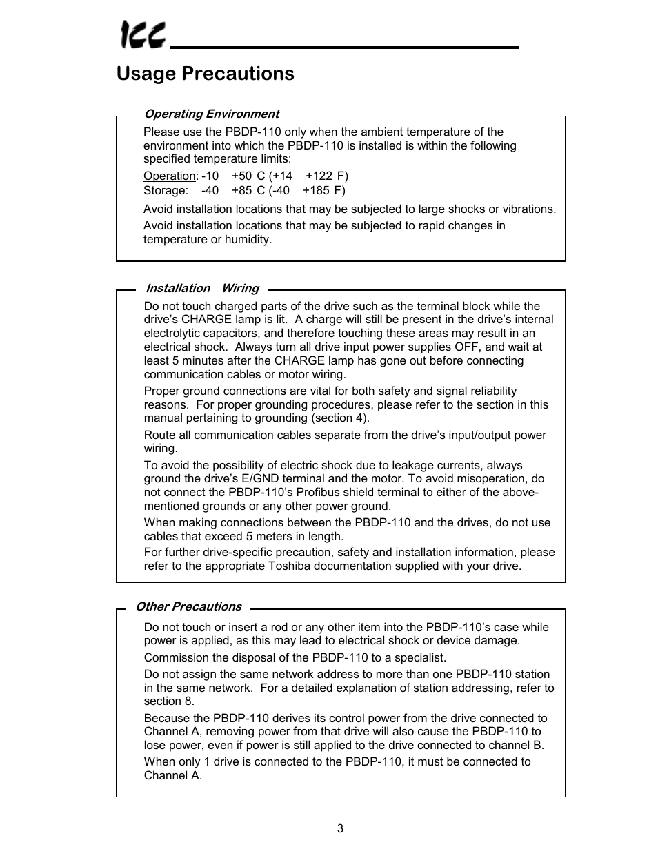 Usage precautions | Toshiba PROFIBUS-DP PBDP-110 User Manual | Page 4 / 38