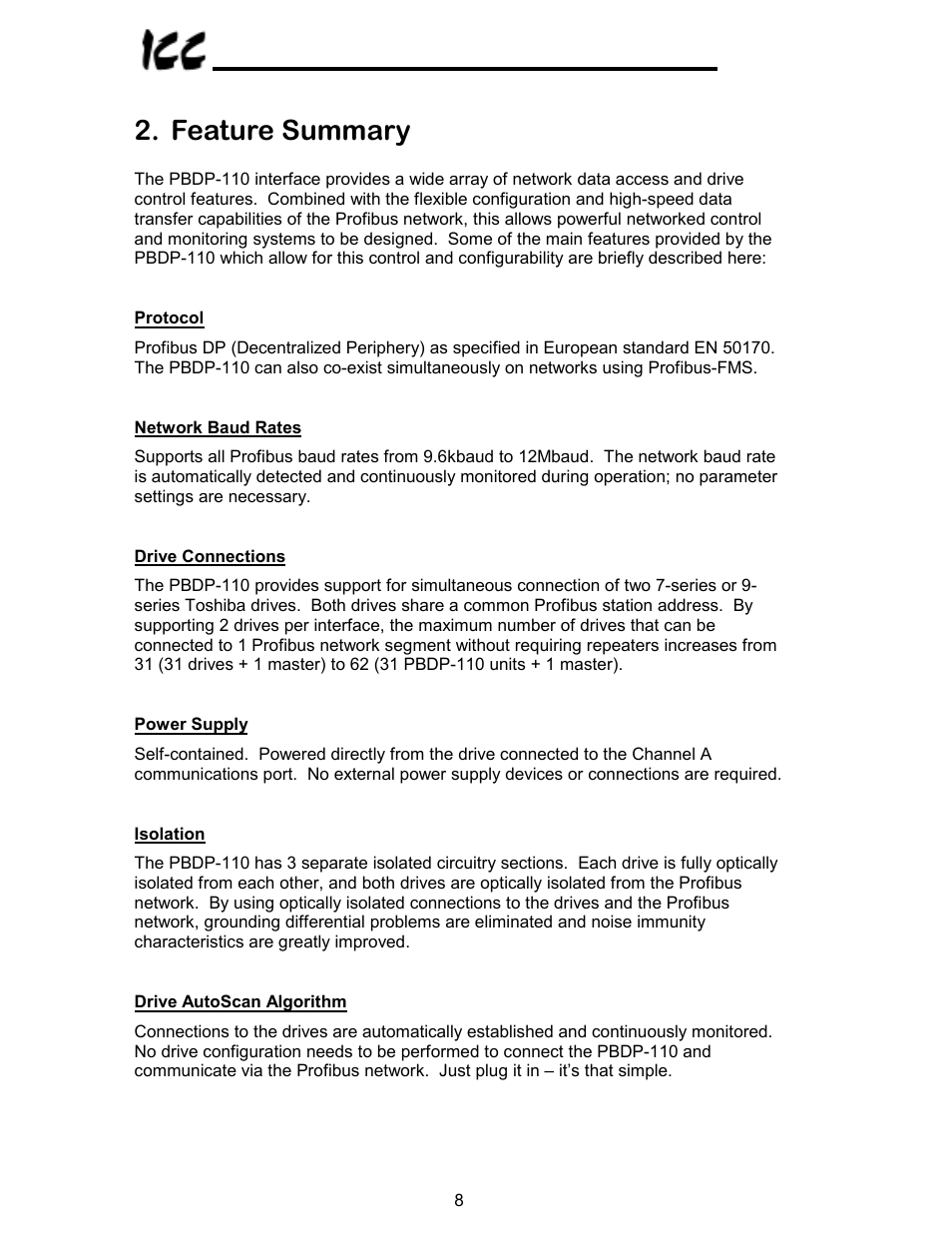 Feature summary | Toshiba PROFIBUS-DP PBDP-110 User Manual | Page 9 / 38