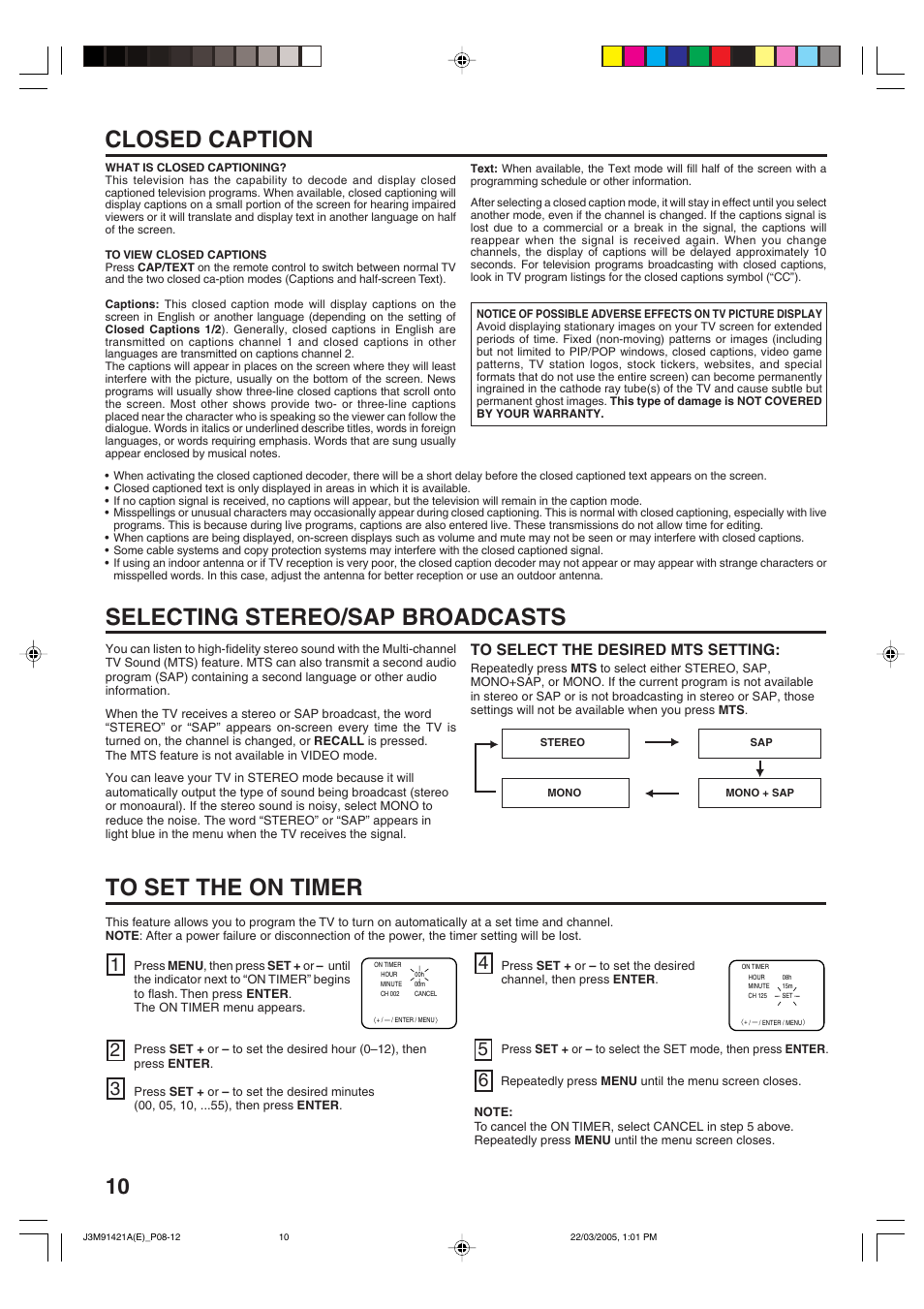 Closed caption, Selecting stereo/sap broadcasts | Toshiba 20A45C User Manual | Page 10 / 14