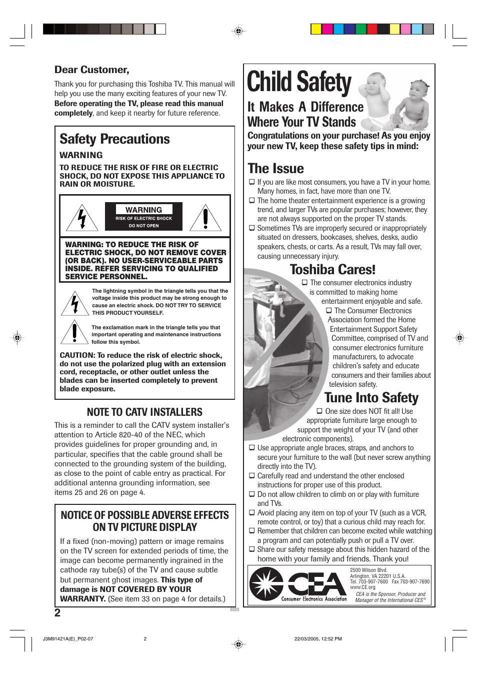 Child safety, Safety precautions, The issue | Toshiba cares, Tune into safety, It makes a difference where your tv stands | Toshiba 20A45C User Manual | Page 2 / 14
