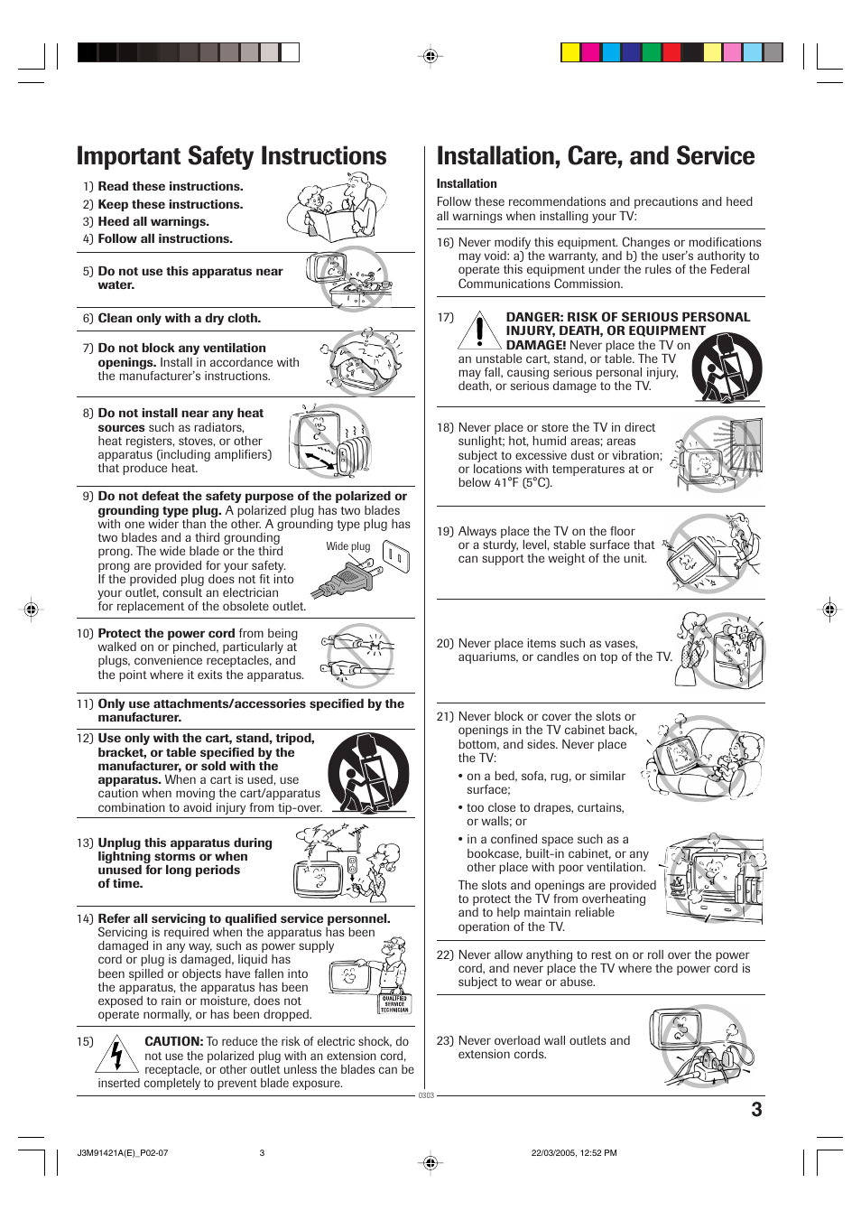 Important safety instructions, Installation, care, and service | Toshiba 20A45C User Manual | Page 3 / 14