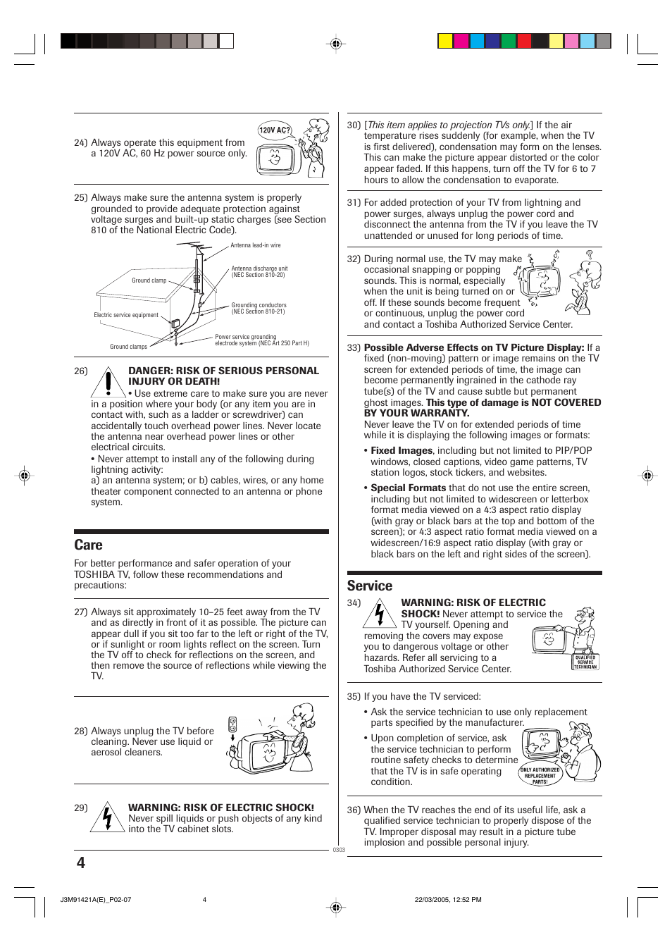 Care, Service | Toshiba 20A45C User Manual | Page 4 / 14