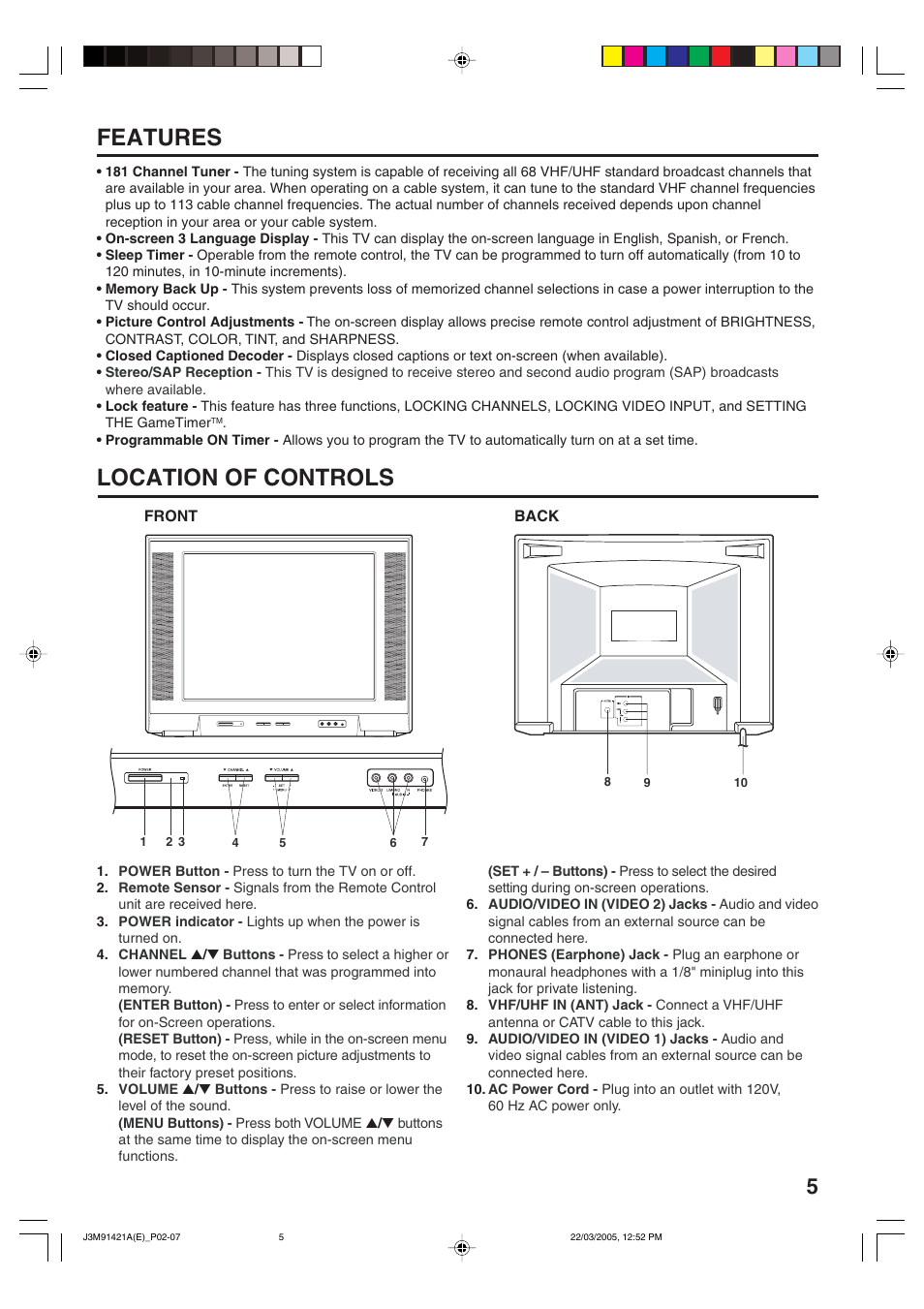 Features location of controls | Toshiba 20A45C User Manual | Page 5 / 14