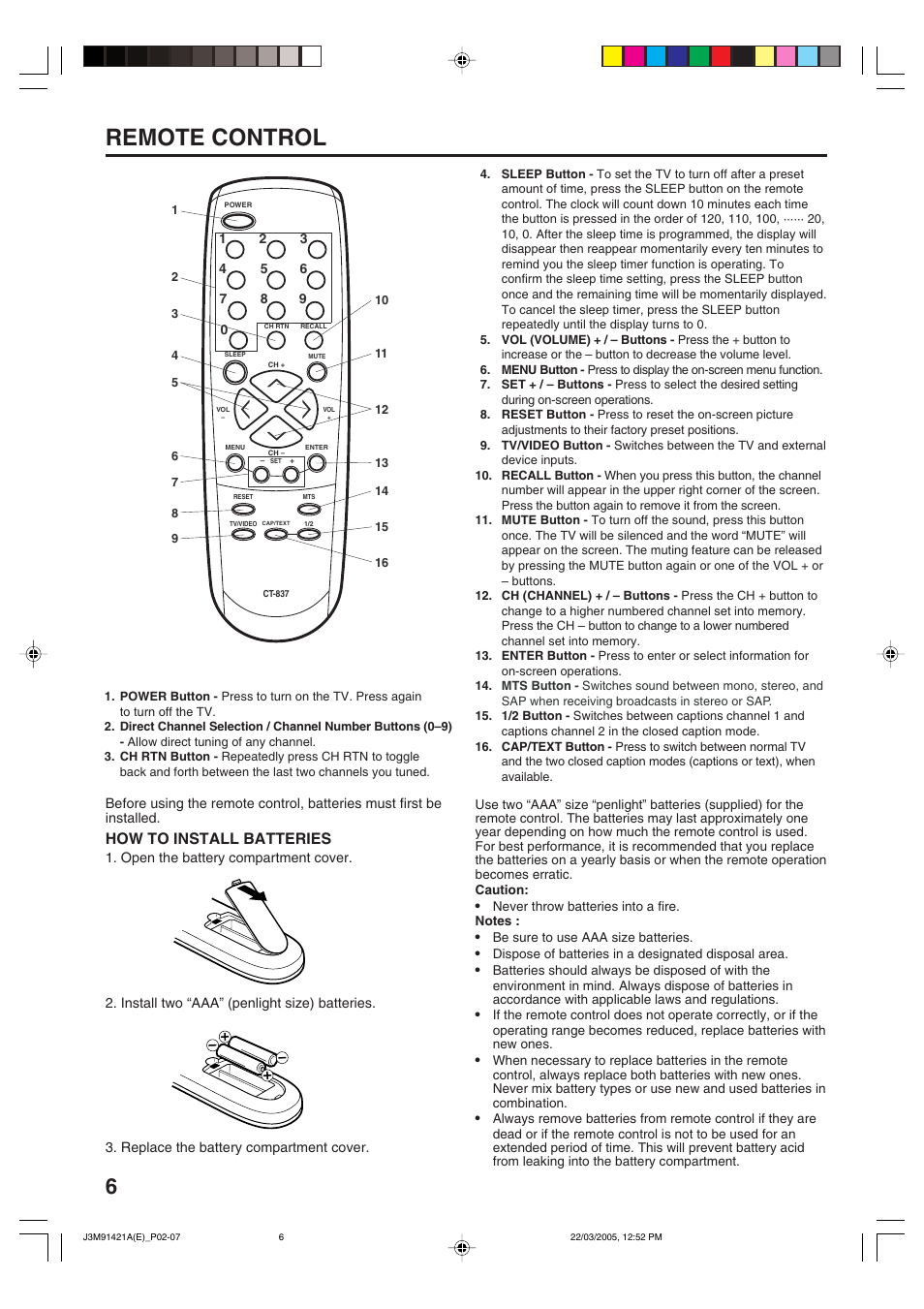 Remote control, How to install batteries | Toshiba 20A45C User Manual | Page 6 / 14