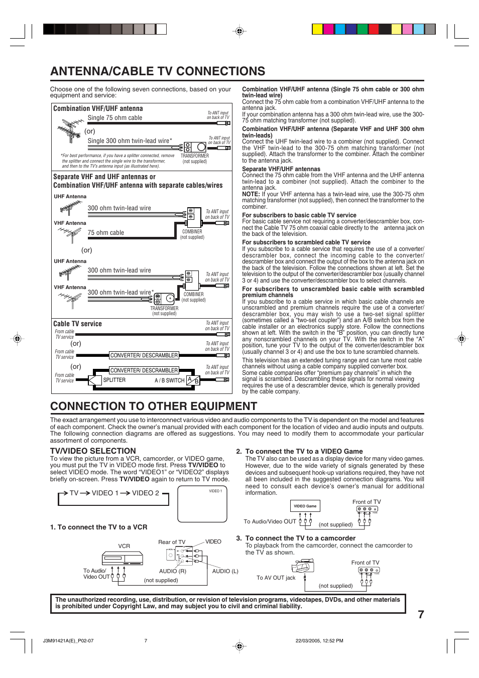 Antenna/cable tv connections, Connection to other equipment, Tv/video selection | Toshiba 20A45C User Manual | Page 7 / 14