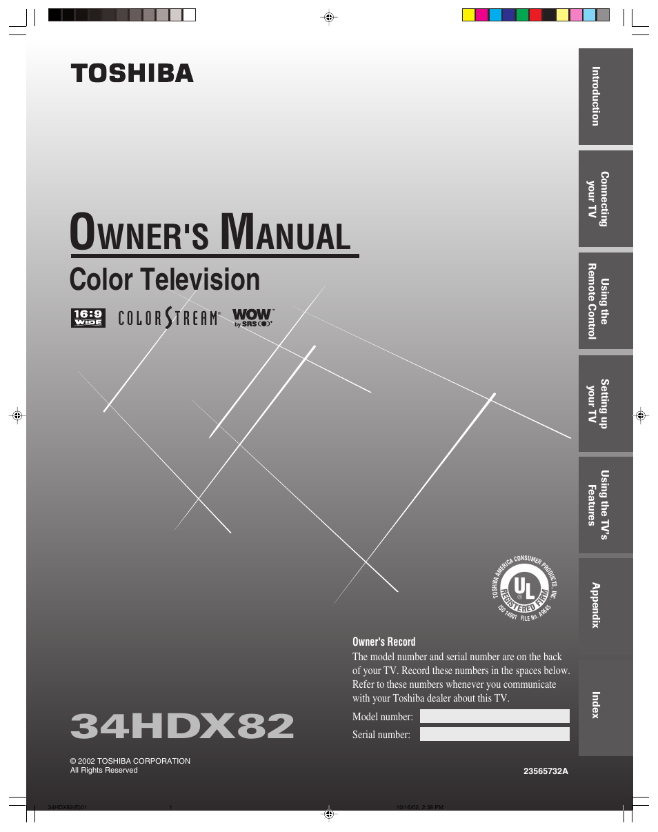 Toshiba 34HDX82 User Manual | 60 pages