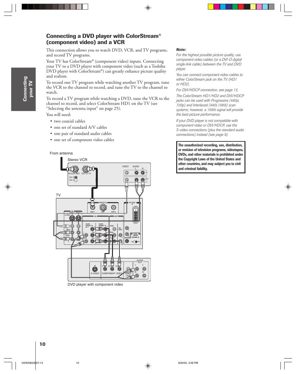 Dvd player with colorstream and vcr, Connecting a dvd player with colorstream, Component video) and a vcr | Toshiba 34HDX82 User Manual | Page 10 / 60