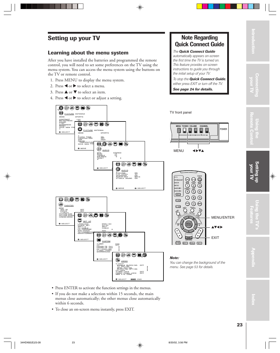 Setting up your tv, Learning about the menu system, Yzx • exit menu/enter menu x •zy | Tv front panel | Toshiba 34HDX82 User Manual | Page 23 / 60