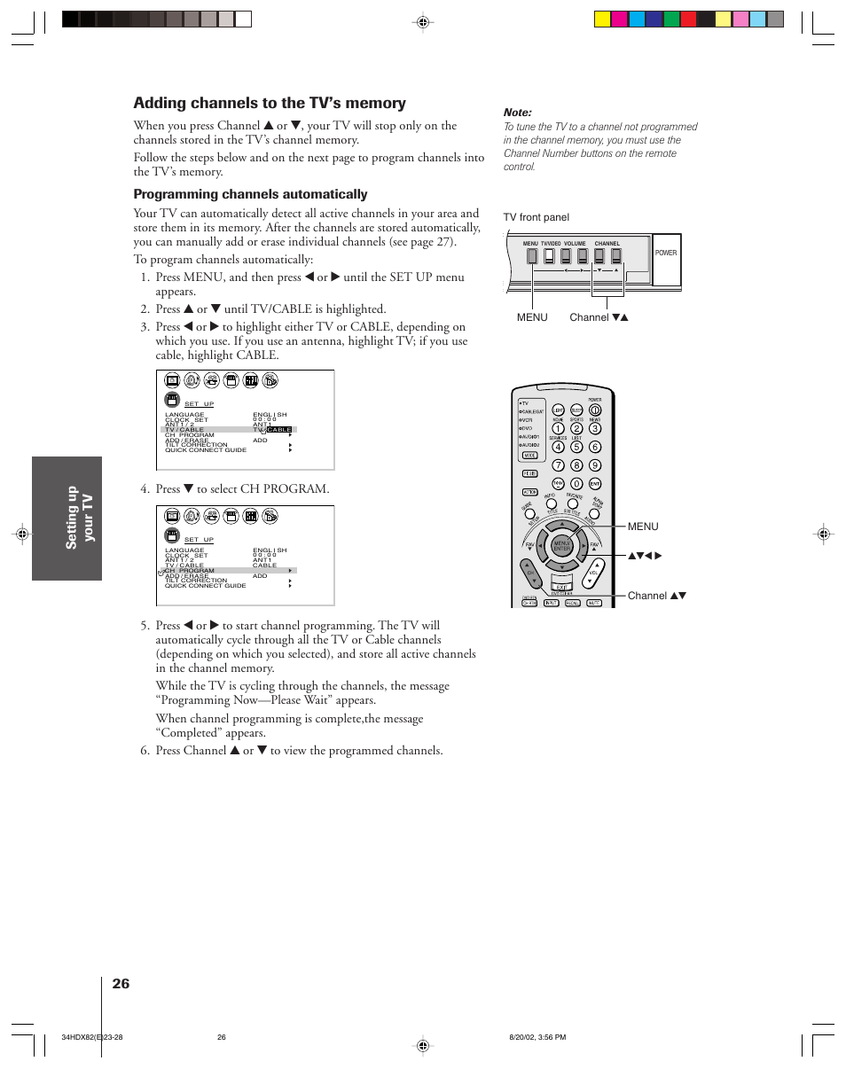 Adding channels to the tv's memory, Programming channels automatically, Press z to select ch program | Menu yzx • channel yz, Tv front panel channel zy menu | Toshiba 34HDX82 User Manual | Page 26 / 60